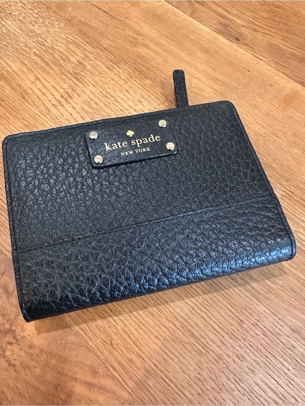 kate spade Black Pebbled Leather Bi-Fold Wallet with Logo Plate